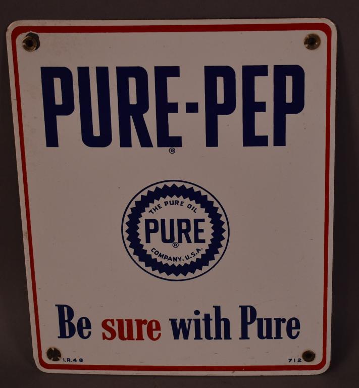 Pure-Pep Porcelain Pump Plate: rated 8.9, 12"x10", SSP sign, has excellent gloss and color, has chip at one mounting hole, marked I.R. dated 1948