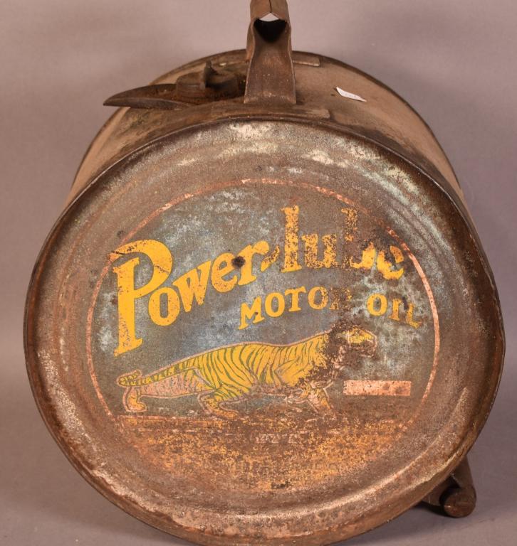 Power-lube Motor Oil Five Gallon Rocker Can: rated 5, has rust and wear.