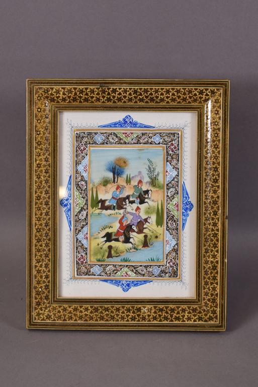 PERSIAN MINIATURE PAINTING: ON BONE PANEL IN INLAID FRAME -- UNSIGNED -- 3 1/2" x 5 1/2" IMAGE SIZE