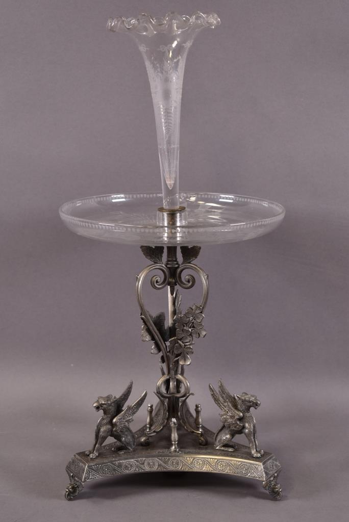VICTORIAN SILVERPLATE AND ETCHED GLASS EPERGNE (1 of 6)