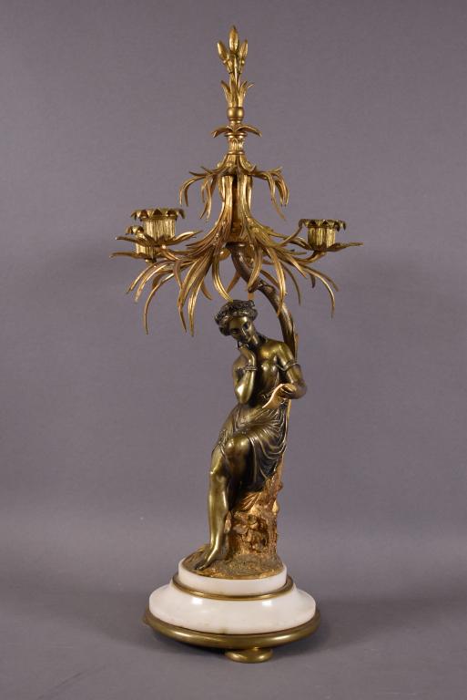 BRONZE FIGURAL CANDELABRA ON MARBLE BASE (1 of 4)