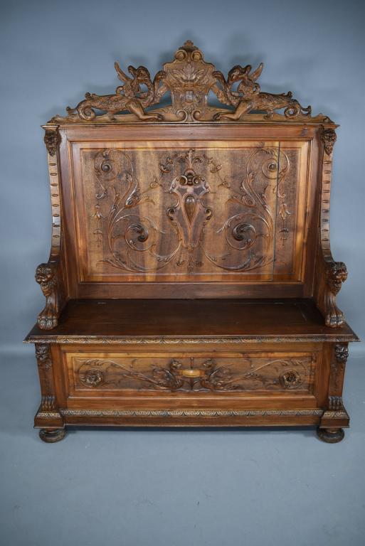 HIGHLY CARVED ANTIQUE GOTHIC HALL BENCH (1 of 10)
