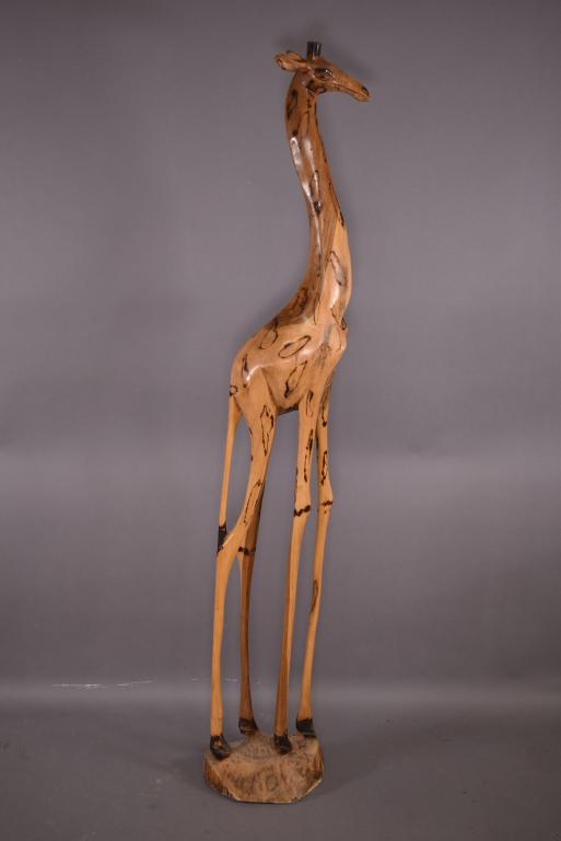 TALL AFRICAN CARVED WOOD GIRAFFE: SMALL CRACK TO HEAD OF GIRAFFE -- 70" H