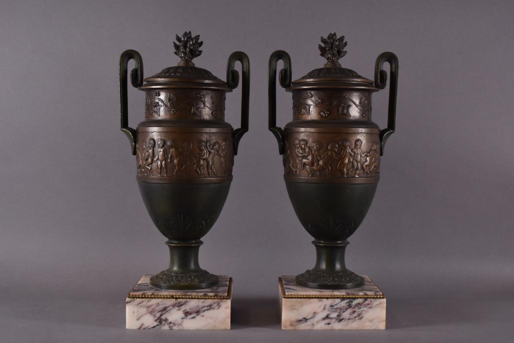 PR. 1900'S METAL LIDDED URNS ON MARBLE BASE (1 of 5)