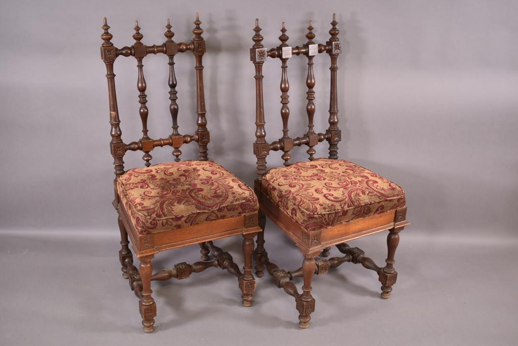 PR GOTHIC ARM CHAIRS: CARVED CHAIRS WITH UPHOLSTERED SEAT -- ONE SEAT SLIGHTLY WORN -- FINISH IS SLIGHTLY WORN AT BASE -- 42" H x 17" W