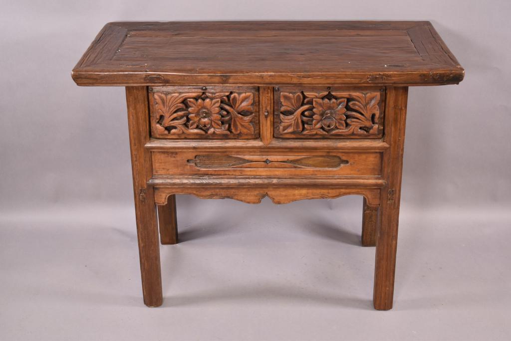 CHINESE STYLE 2 DRAWER CONSOLE: FLORAL PATTERN FRONT -- 41" x 19" x 32" -- GOOD CONDITION
