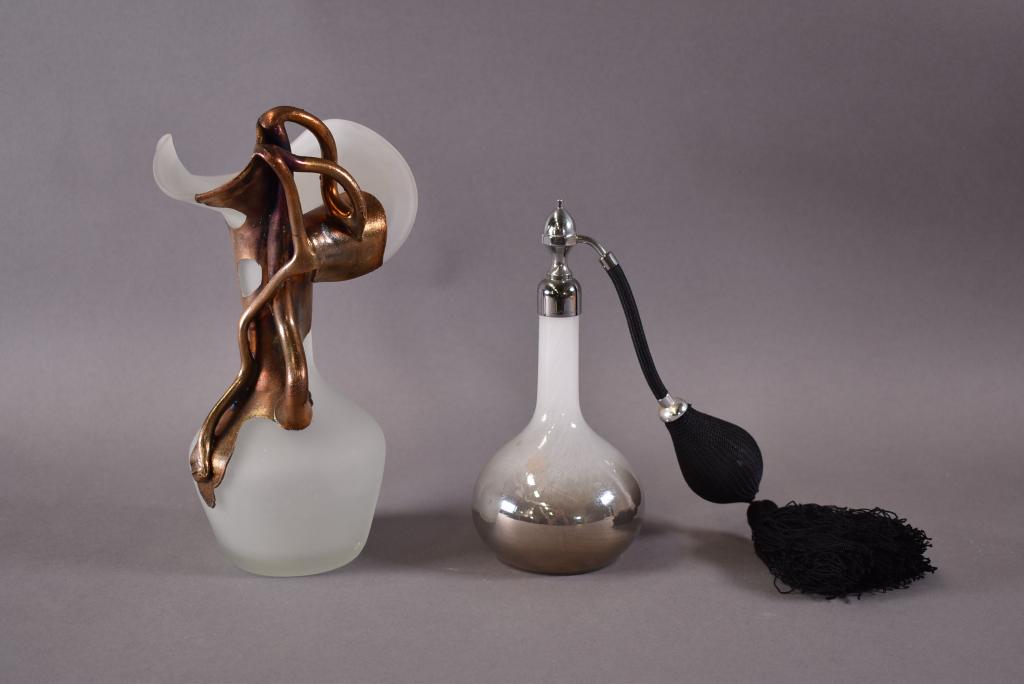 ART GLASS VASE & PERFUME BOTTLE: ART GLASS VASE BY DRAGOS (9 3/8"H) -- PERFUME BOTTLE BY MARCEL FRANCK (7 1/2" H) -- GOOD CONDITION
