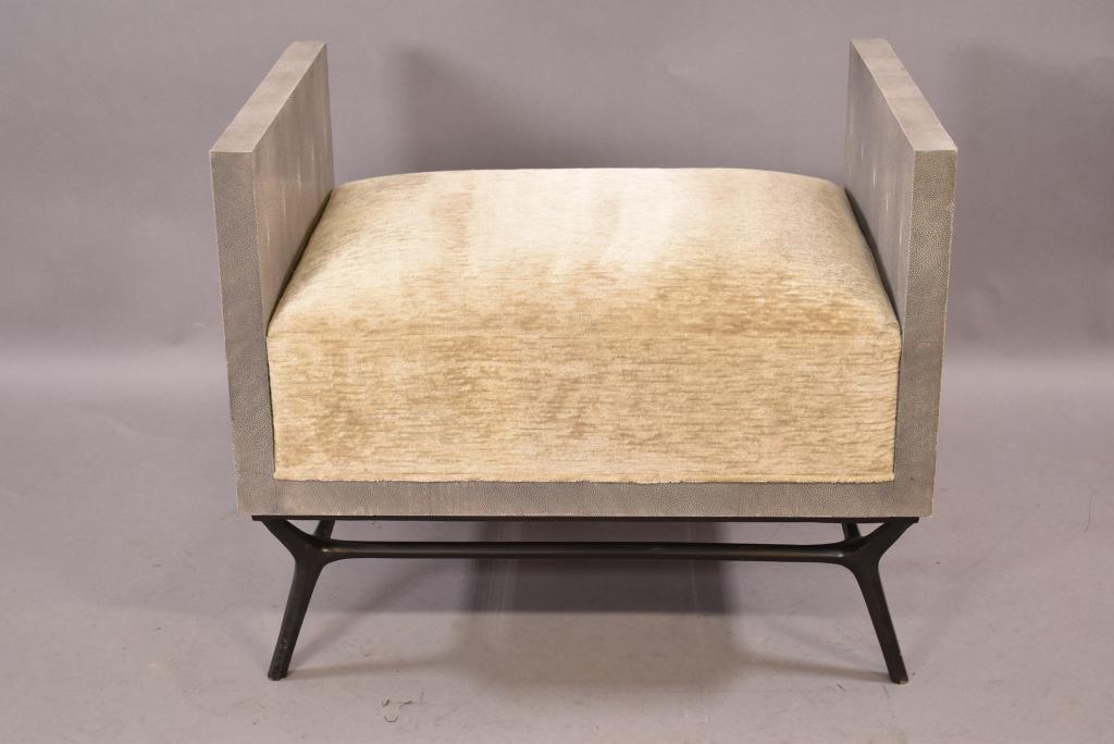 STRIDER WINGED BENCH: SOURIS SHAGREEN -- VELVET LINEN UPHOLSTERY -- SOME MINOR WEAR TO SHEGREEN -- 27 1/2" x 19 3/4" x 22 3/4"