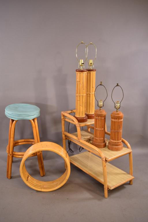GROUPING OF RATTAN LAMPS, SHELF, STOOL, & TABLE (1 of 6)