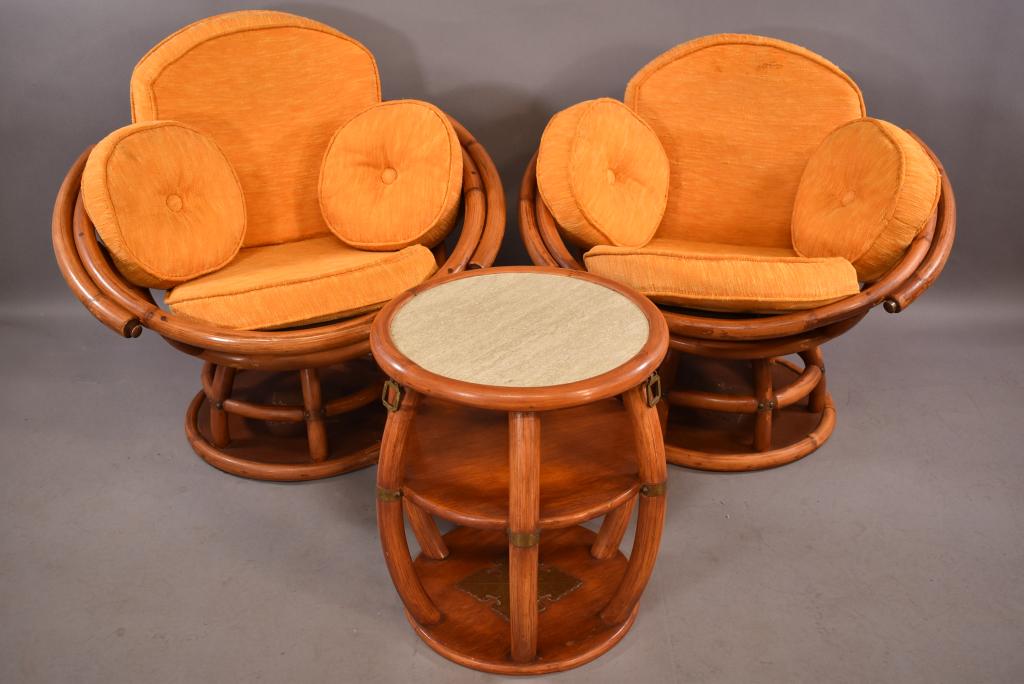PR. RATTAN SWIVEL CHAIRS WITH RATTAN SIDE TABLE (1 of 5)