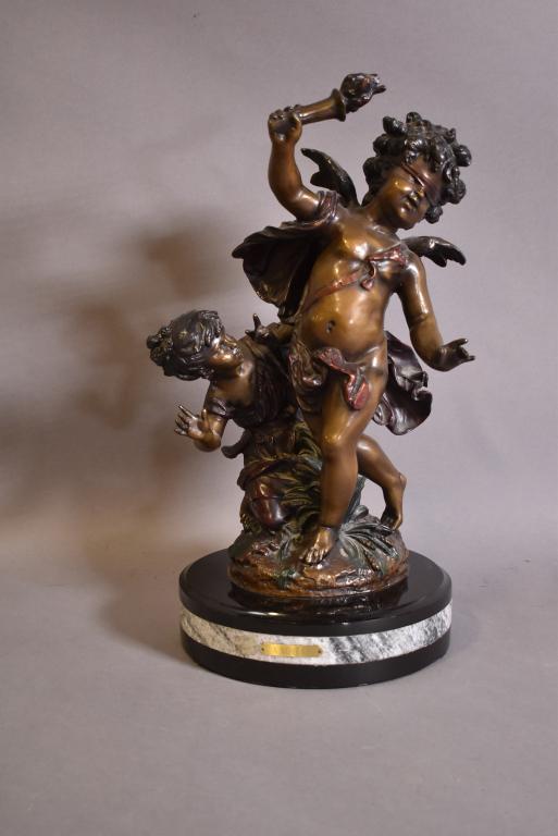 BRONZE STATUE AFTER AUGUSTE MOREAU: SIGNED ON LOWER BRONZE -- IN GOOD CONDITION -- 18" H