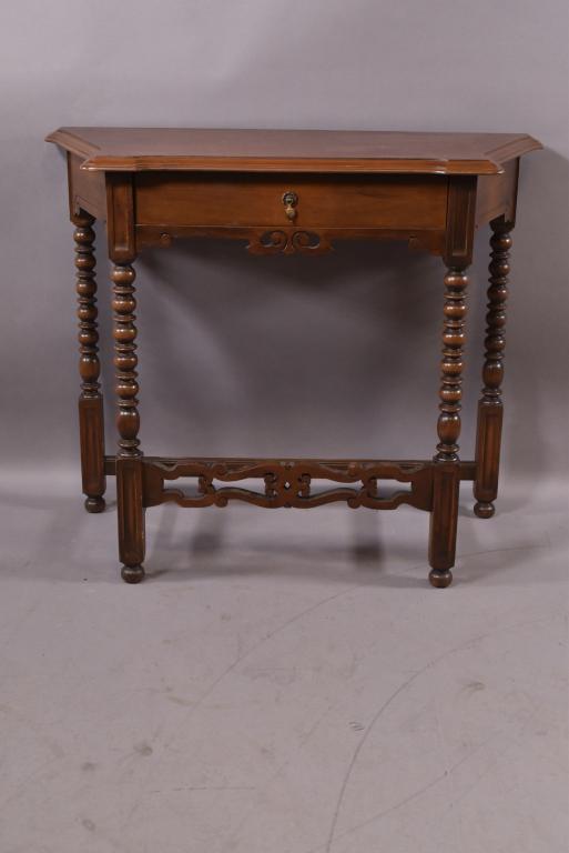 1920'S 1 DRAWER SPANISH STLE HALL TABLE: GOOD CONDITION -- FINISH IN OVERALL CONDITION -- 36" x 16" x 30"