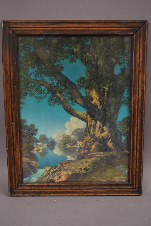 MAXFIELD PARRISH "UNDER SUMMER SKIES" PRINT: GOOD CONDITION -- FRAME HAS SOME AGE WEAR -- 9" x 12"