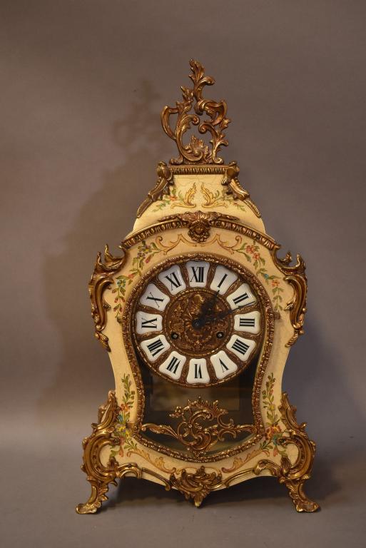 GERMAN BRACKET CLOCK: HAND PAINTED CASE WITH BRONZE ORMOLU -- PORCELAIN DIAL WITH PENDULUM -- NO KEY -- 23" H--ALL CLOCKS ARE SOLD ASIS WITH NO GUARANTEE OF WORKING ORDER