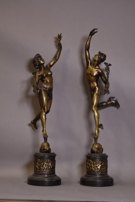 PR. OF MYTHOLOGICAL BRONZES ON MARBLE BASES: FIGURE OF MERCURY AND VENUS -- UNSIGNED WITH GOOD PATINA -- BOTH HAVE BENDS ON HORN AND STAFF -- MINOR CHIPS TO MARBLE BASE -- 32 1/2" H