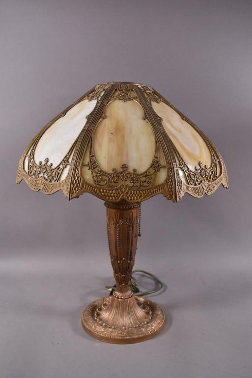 1920'S SLAG GLASS TABLE LAMP: 6 PANEL SLAG GLASS WITH 1 SMALL CHIP -- BROKEN ARM ON HARP -- 17 1/4" DIAM x 22 1/2" H