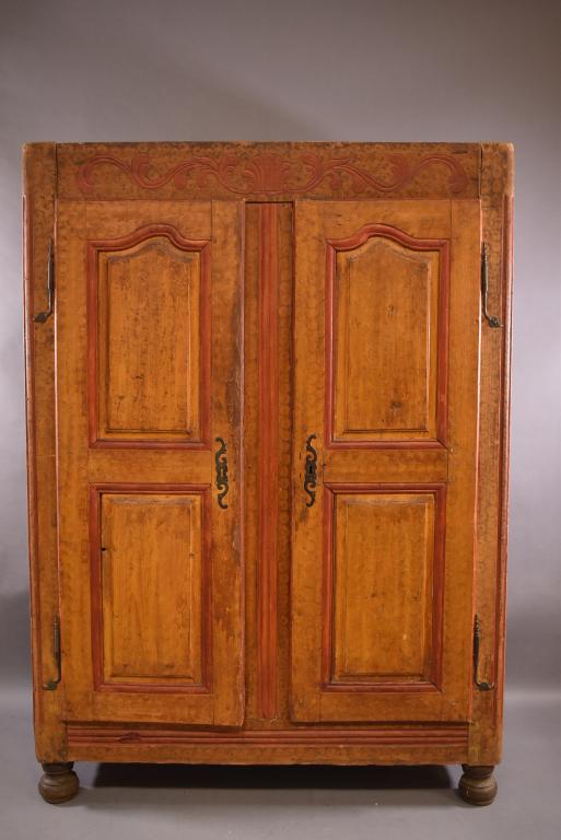 19th CENTURY HAND PAINTED 2 DOOR ARMOIRE: HAND PAINTED EXTERIOR -- NO INTERIOR SHELVING -- MINOR PAINT LOSS THROUGHOUT -- IRON STRAPPING -- AGE WEAR TO TOP AND SIDES -- LOCK OPEN BUT NO KEY !!! -- 53" x 18 1/2" x 73"-POSSIBLY MISSING MOLDING 