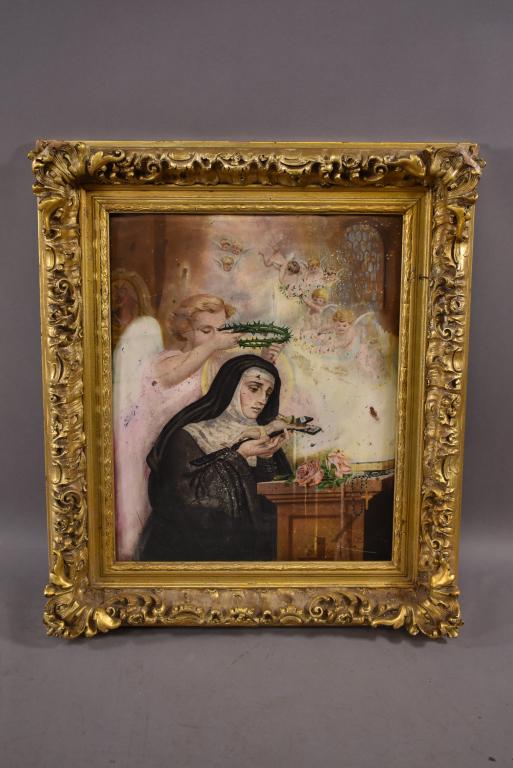 ANTIQUE SPANISH RETABLO PAINTING ON TIN: RELIGIOUS SCENE -- FRAME IS DAMAGED IN CORNERS -- AGE WEAR TO PAINTING -- 17" x 23"