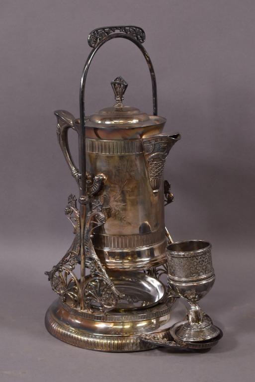VICTORIAN SILVERPLATE TIPPING KETTLE: WITH 1 CUP -- SOME TARNISHING TO SILVERPLATE -- BY AURORA MARKED ON BOTTOM -- 13 1/2" x 21"