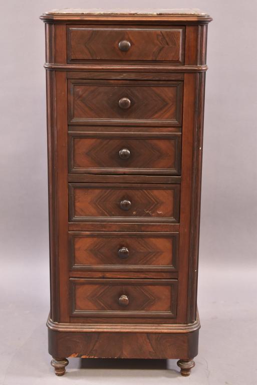MARBLE LINED FRENCH VICTORIAN NIGHTSTAND: DROP DOWN FRONT FOR CHAMBER POT -- SOME VENEER CHIPS THROUGHOUT -- AGE WEAR THROUGHOUT -- MARBLE TOP IN GOOD CONDITION -- 17" x 15" x 39"
