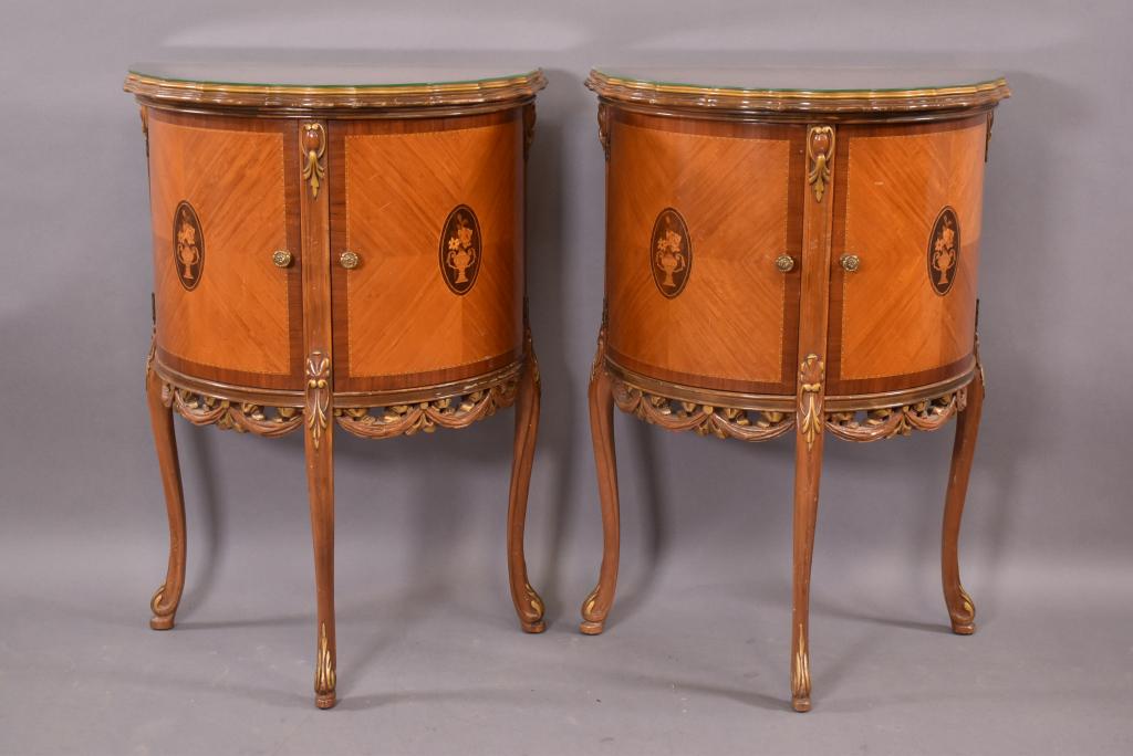PR. 1920'S FRENCH STYLE INLAID NIGHTSTANDS: FINISH IN GOOD CONDITION -- 22" x 12" x 32" -- GLASS TOPS