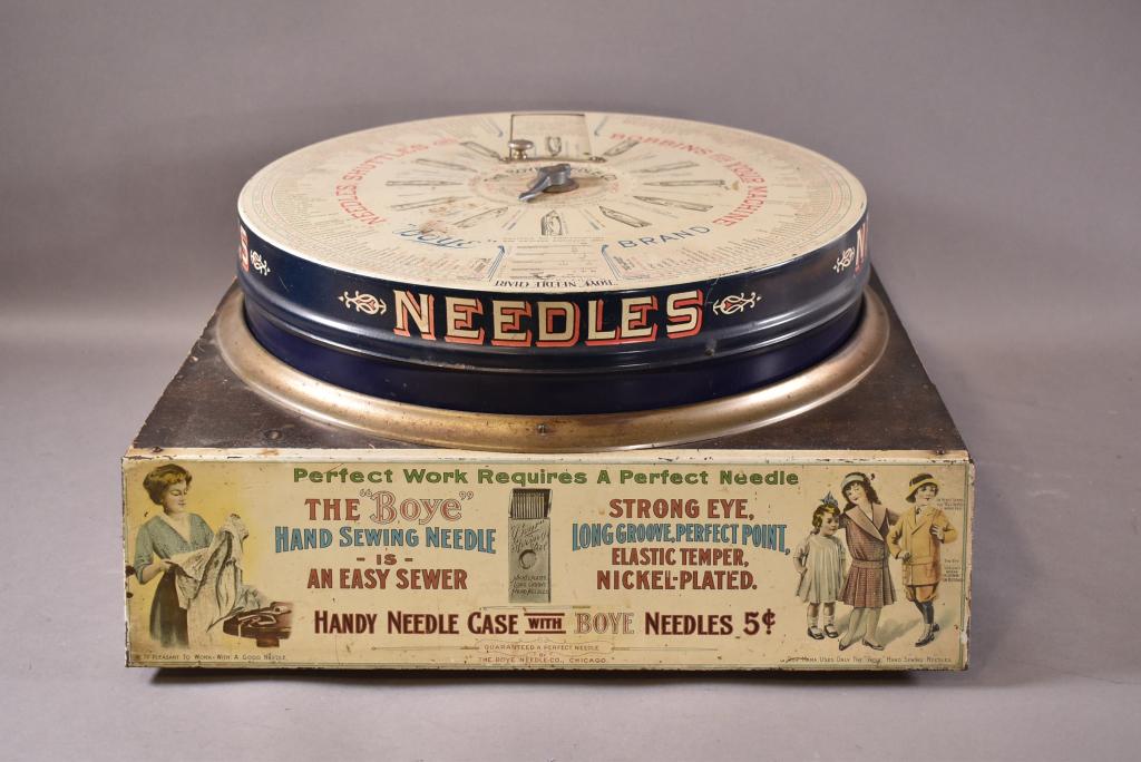 ANTIQUE BOYE COUNTER TOP SPOOL DISPLAY: WITH SOME CONTENTS -- 18" x 20" x 9" -- GOOD CONDITION--HAS DRAWER