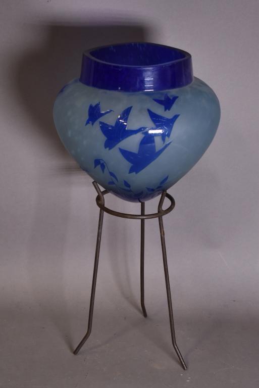 FRENCH CHARDER BLUE CAMEO VASE ON STAND: SIGNED CHARDER -- GOOD CONDITION NO CHIPS CRACKS OR BREAKS -- 10" H / 5 1/2" DIAM -- STAND IS MODERN