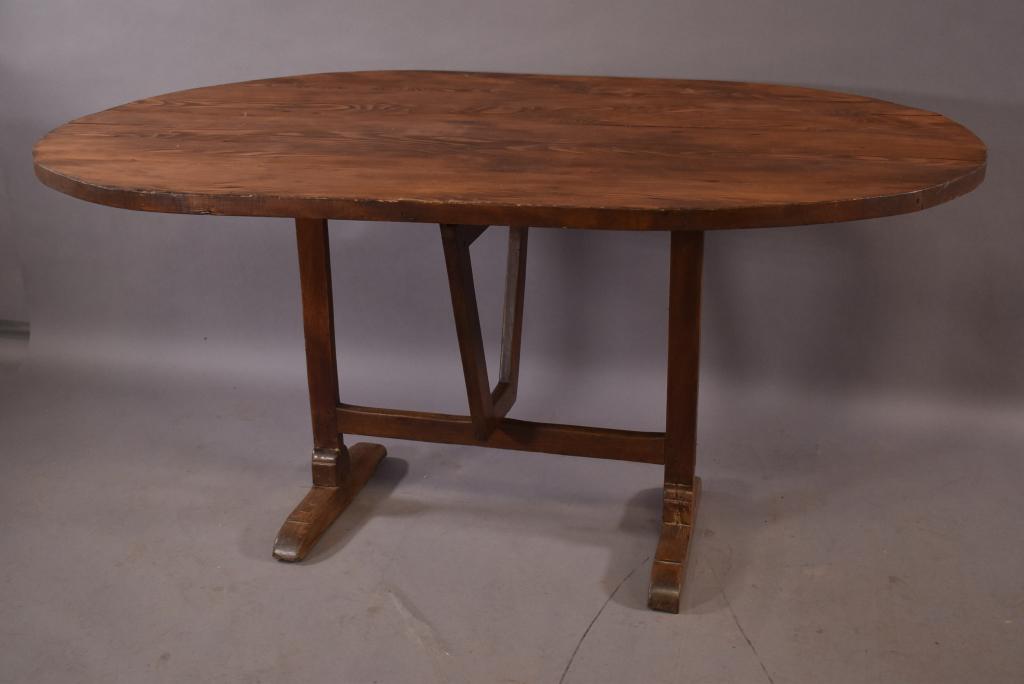 19TH C FRENCH TILT TOP WINE TASTING TABLE: FINISH IN GOOD CONDITION -- 59" x 38" x 28"