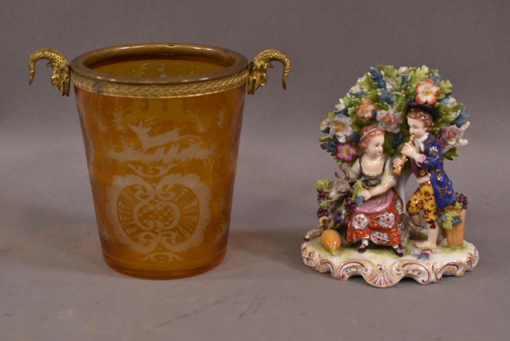 CZECH CUT TO CLEAR ICE BUCKET & DRESDEN FIGURE: AMBER CUT TO CLEAR SMALL ICE BUCKET -- SIGNED DRESDEN FIGURE (MISSING LEAVES) -- DRESDEN IS 5 3/4" H-- BUCKET IS 6" H