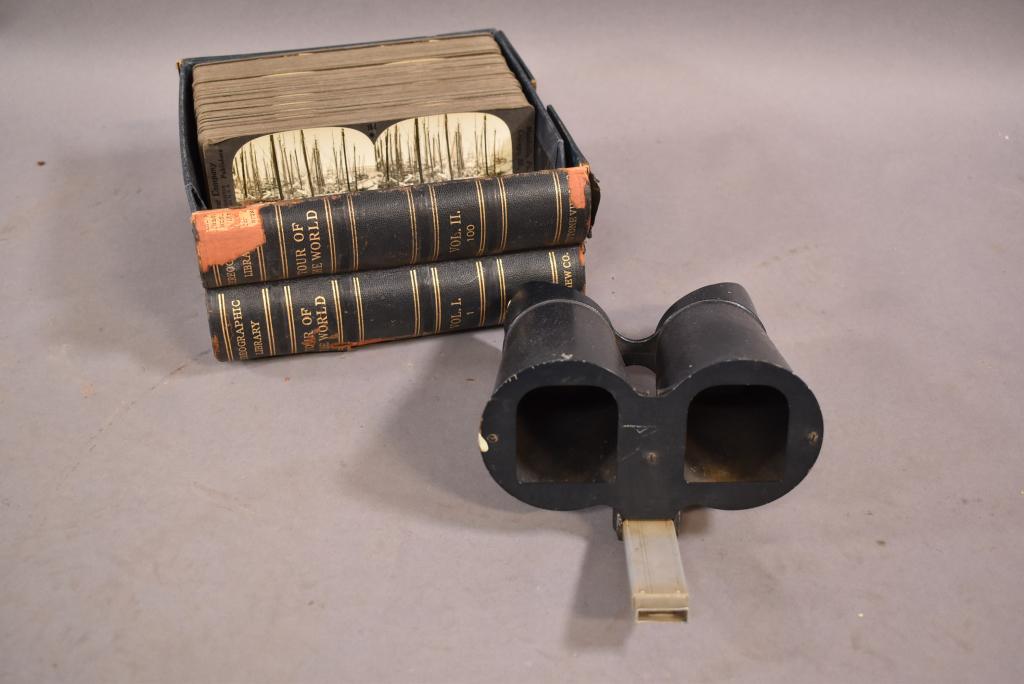 ANTIQUE STEREOOPTIC VIEWER WITH CARDS (AS IS): WITH APPROX 55 SLIDES! -- SLIDE BOX IS TORN & IN AS IS CONDITION
