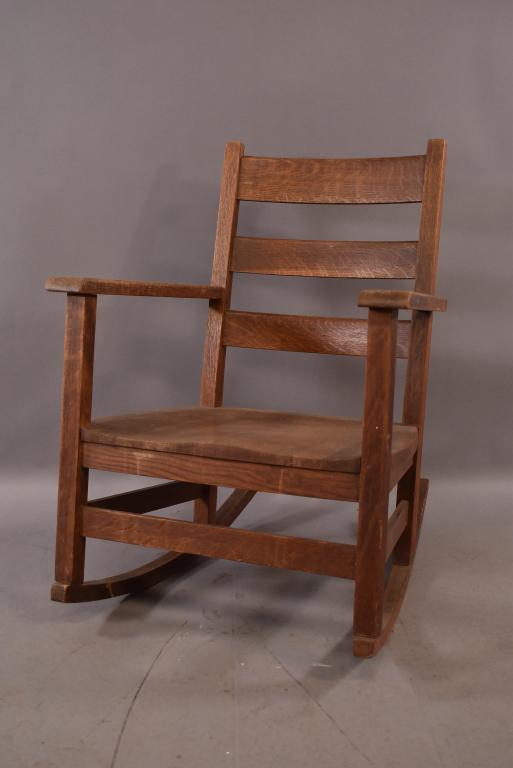 UNSIGNED STICKLEY BROS. MISSION OAK ROCKER: FINISH IS WORN THROUGHOUT -- 24" x 29" x 33"