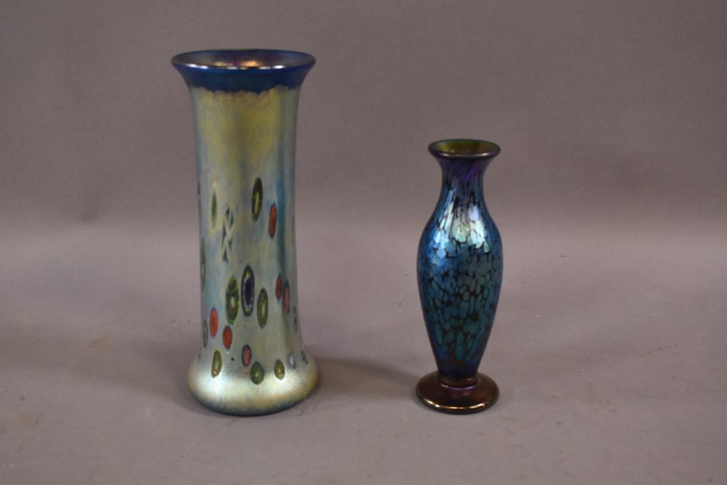 2 MODERN HAND BLOWN ART GLASS VASES: 1 IS ORIENT AND FLUME & 1 IS MARIO REAL -- BOTH SIGNED ON BASE -- GOOD CONDITION -- 7 1/4" H & 9 1/2" H