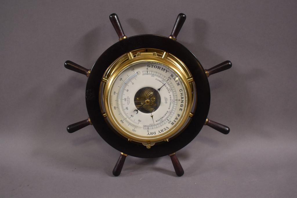SHIP'S WHEEL BAROMETER THERMOMETER: MADE BY SCHATZ -- BRASS AND WOOD CASE -- 13" DIAM