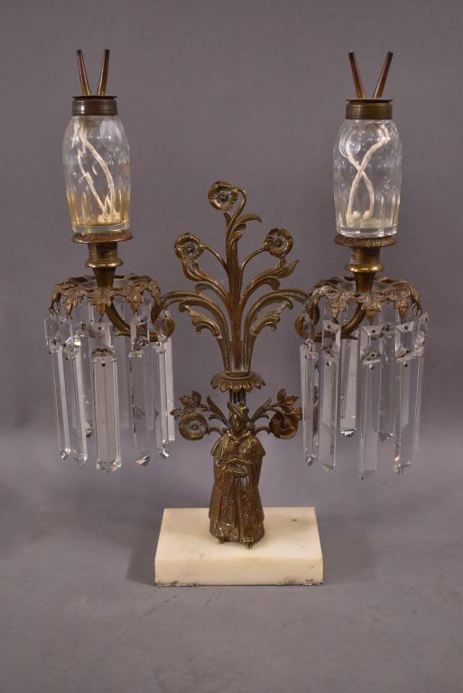 1800'S GILT METAL AND MARBLE CANDELABRA: WITH WHALE OIL INSERTS -- MINOR CHIPS TO PRISMS -- OVERALL GOOD CONDITION -- 13" x 18 1/2"