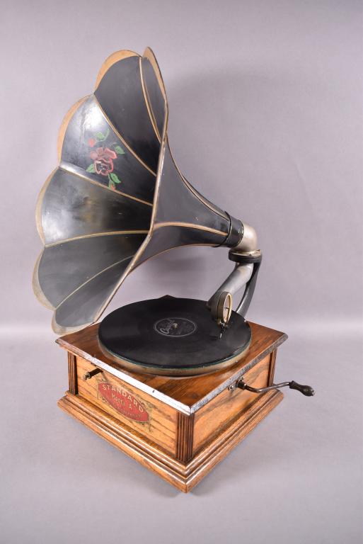 STANDARD TALKING MACHINE MODEL A VICTROLA: WITH MORNING GLORY HORN, OAK CASE (MISSING BACK FEET), WORKING CONDITION, 11" x 11" x 23", 12" L x 17" DIAM HORN