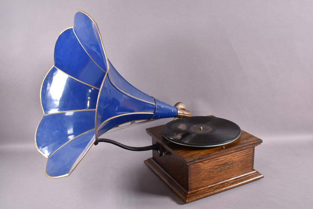 STANDARD TALKING MACHINE STYLE X VICTROLA: WITH BLUE HORN, WORKING CONDITION, 11" x 11" & 17" DIAM x 15" H HORN, WITH CRANK AND NEEDLE