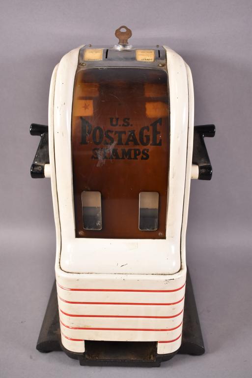 ART DECO 10 CENT POSTAGE STAMP MACHINE: 14 1/2" H, ORIGINAL CONDITION, UNRESTORED, WITH KEY.