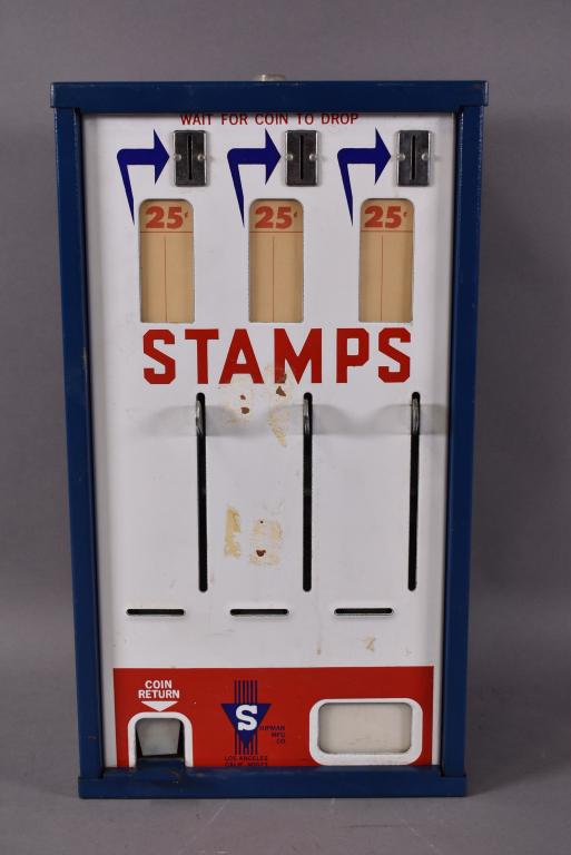 SHIPMAN 25 CENT US STAMP MACHINE: NO KEY, ORIGINAL CONDITION, SCRATCHES THROUGHOUT. 9 1/2" x 17"