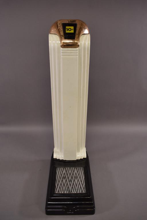 MILLS 10 CENT "YOUR EXACT WEIGHT" SCALE: 13" x 24" x 48" . WITH KEY. GLASS PANEL IS CRACKED. GOOD COLOR.