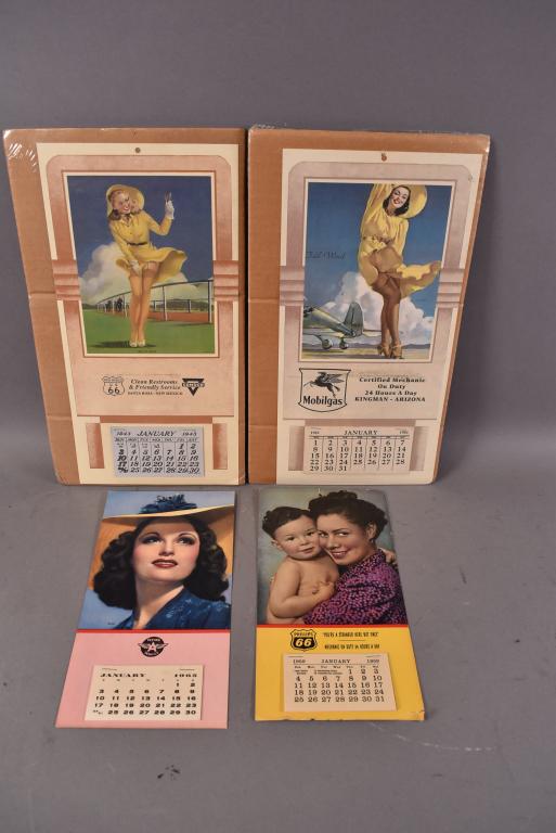 1940'S - 1960'S GASOLINE CALENDARS: MOBIL GAS, CONOCO, PHILLIPS 66, & FLYING A. DATES FROM 1943 TO 1965.