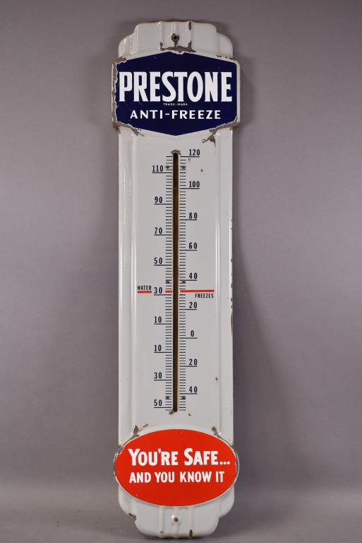 PRESTONE ANTI FREEZE PORCELAIN THERMOMETER: 36" x 9". CHIPS TO PORCELAIN. NO GLASS THERMOMETER (JUST FRAME).