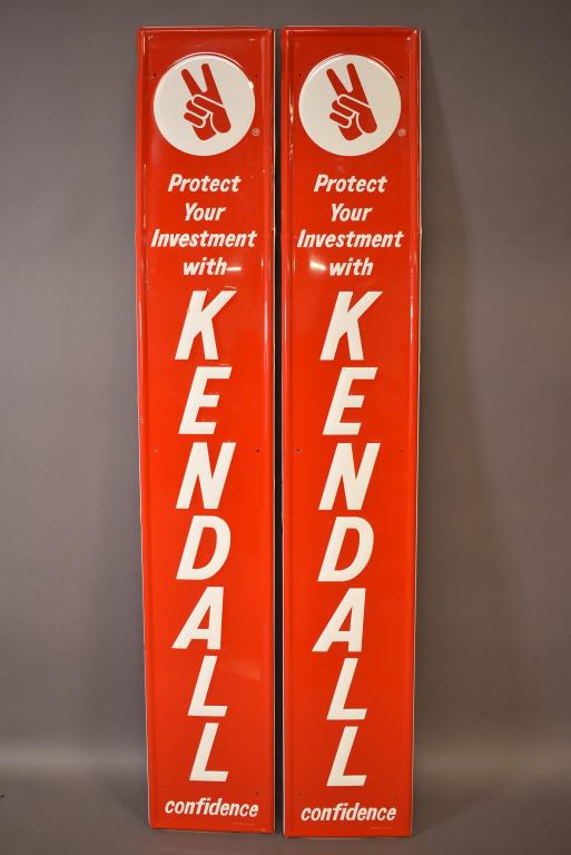 PR. KENDALL MOTOR OIL VERTICAL TIN SIGNS: 72" x 11 3/4". GOOD OVERALL CONDITION. MINOR SCRATCHES.