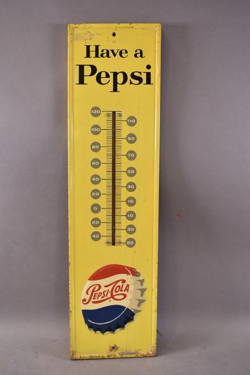 PEPSI "HAVE A PEPSI" TIN THERMOMETER.: 27" x 7". RUST AND PAINT LOSS. WEAR THROUGHOUT. EMBOSSED BOTTLE CAP. DATED 65
