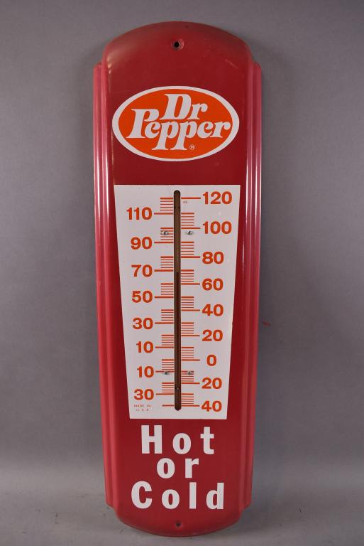 DR PEPPER TIN THERMOMETER: 27" x 8". GOOD CONDITION, GOOD COLORS.