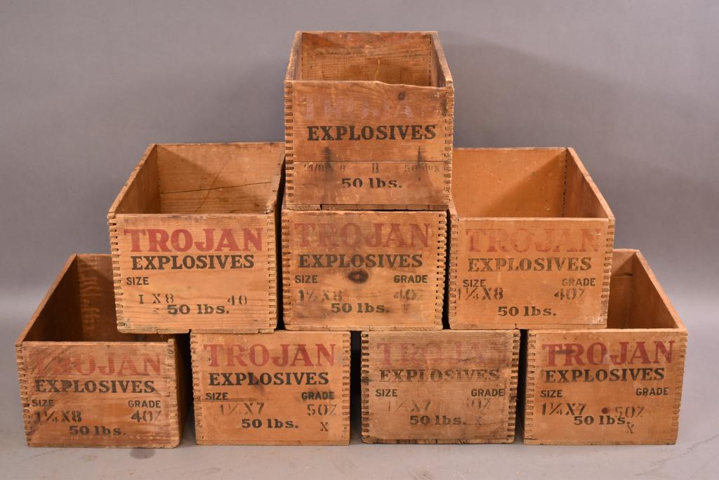 8 TROJAN EXPLOSIVES CRATES: 17" x 11 1/2" x 9" PAINT LOSS AND AGE WEAR. SOME CRACKS--NO IN HOUSE SHIPPING