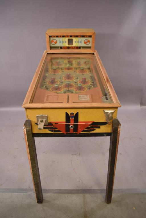 BALLY 5 CENT TILT BUMPER PINBALL MACHINE: 25" x 52" x 51". ORIGINAL CONDITION, SOLD IN AS FOUND CONDITION. PAINT LOSS THROUGHOUT. FRONT DOOR LOCK IS MISSING.