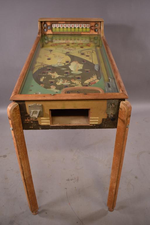 MADCAP BY STONER MFG 5 CENT PINBALL MACHINE: 24" x 44" x 43". ORIGINAL CONDITION, SOLD IN AS FOUND CONDITION. PAINT LOSS AND WEAR. VENEER DAMAGE THROUGHOUT.