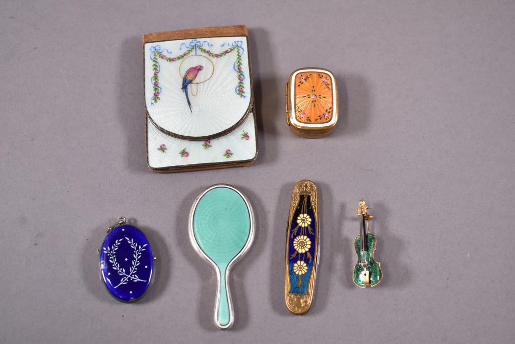 6 SMALL ENAMELED ITEMS: POCKET KNIFE, COIN PURSE, COMPACT, PICTURE FRAME, VIOLIN PIN, & MINIATURE HAND MIRROR (NO MIRROR). CHIPS TO ENAMEL ON SOME PIECES. 1 3/4" - 3 1/2" L