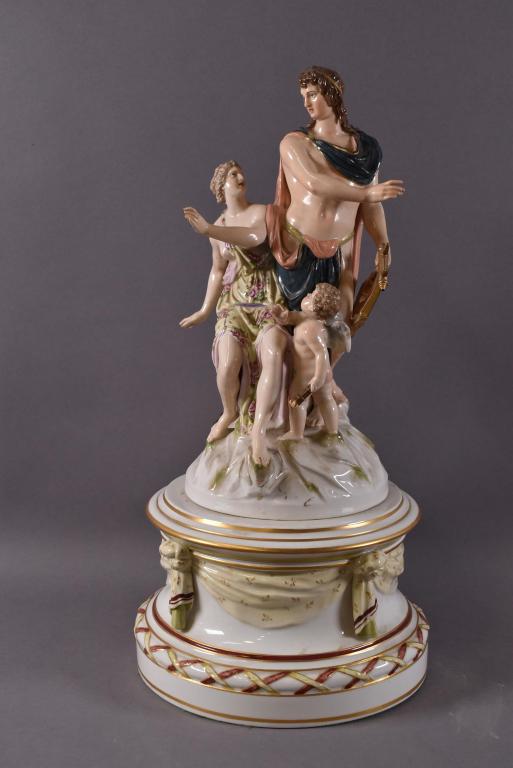 LRG KPM ORPHEUS EURYDICE 2 PIECE PORCELAIN FIGURE: KPM PORCELAIN GROUPING ON BASE DEPICTING ORPHEUS & EURYDICE. BASE AND FIGURE BOTH MARKED. DAMAGE TO CHERUB FINGERS AND FEMALE FINGERS. 18 1/2" H BASE 9" DIAM.