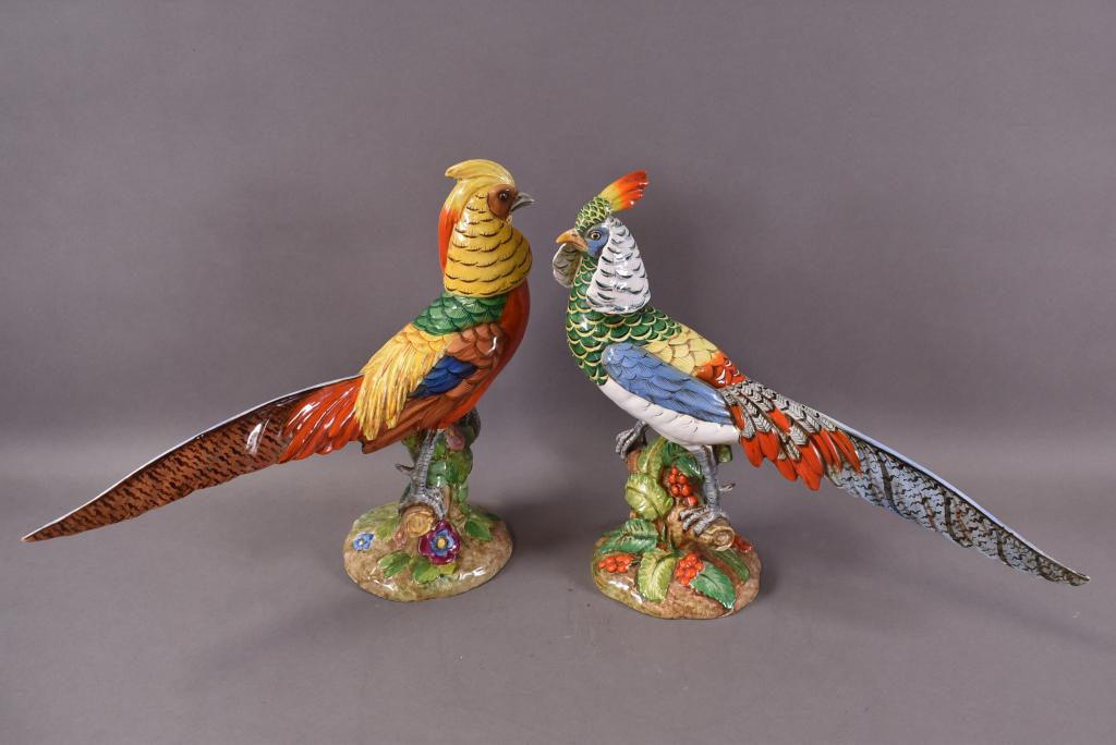 ITALIAN HAND PAINTED PORCELAIN BIRDS: SIGNED AND NUMBERED ON BASE ITALY K. B. BOTH HAVE MINOR CHIPS. 18" x 13 1/2"